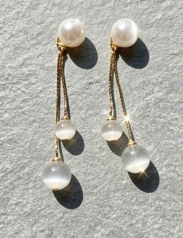 Golden Triple Cats Eye Drop Dangle Earrings